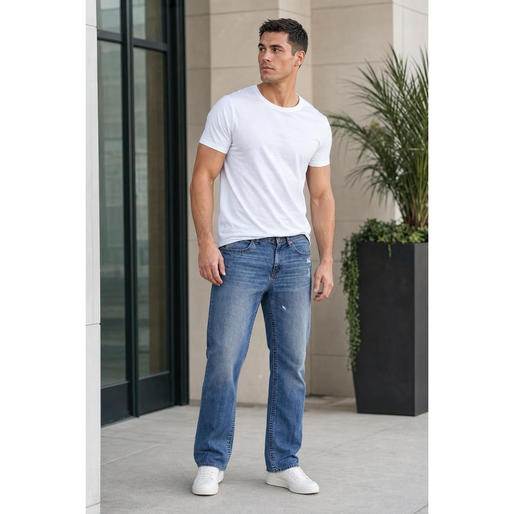 BKE Seth Jeans Men's 36x33 Blue Loose Straight Distressed Faded Whiskering Denim